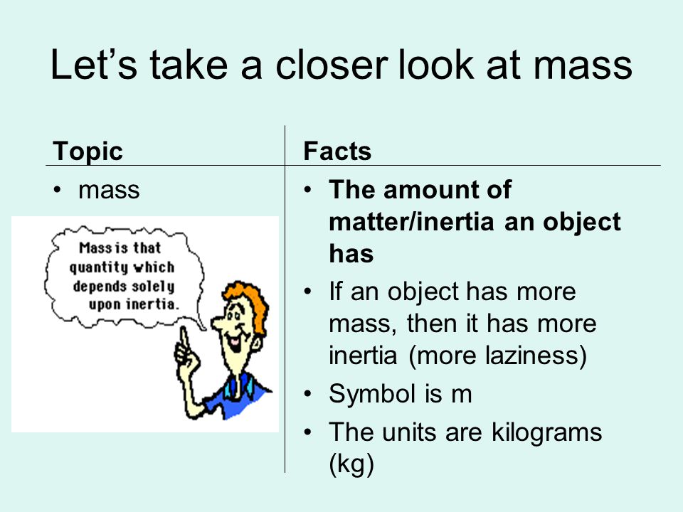Let’s take a closer look at mass Topic mass Facts The amount of matter/inertia an object has If an object has more mass, then it has more inertia (more laziness) Symbol is m The units are kilograms (kg)