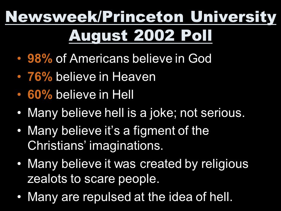 Newsweek/Princeton University August 2002 Poll 98% of Americans believe in God 76% believe in Heaven 60% believe in Hell Many believe hell is a joke; not serious.