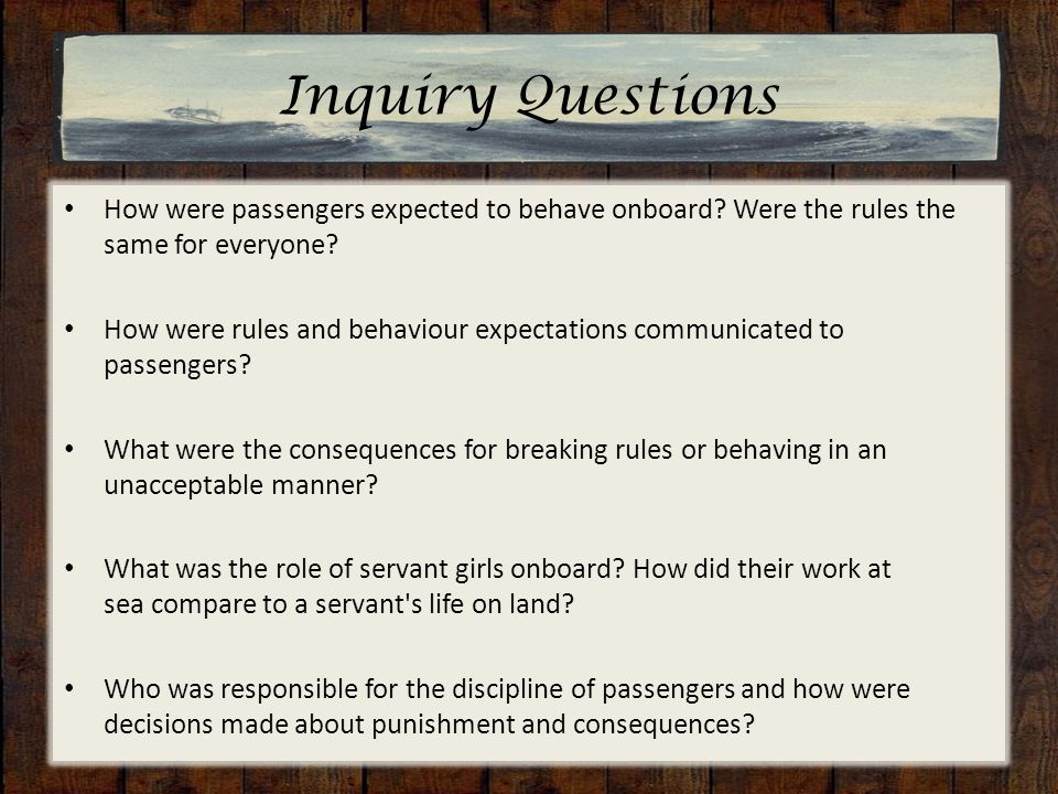 Inquiry Questions How were passengers expected to behave onboard.