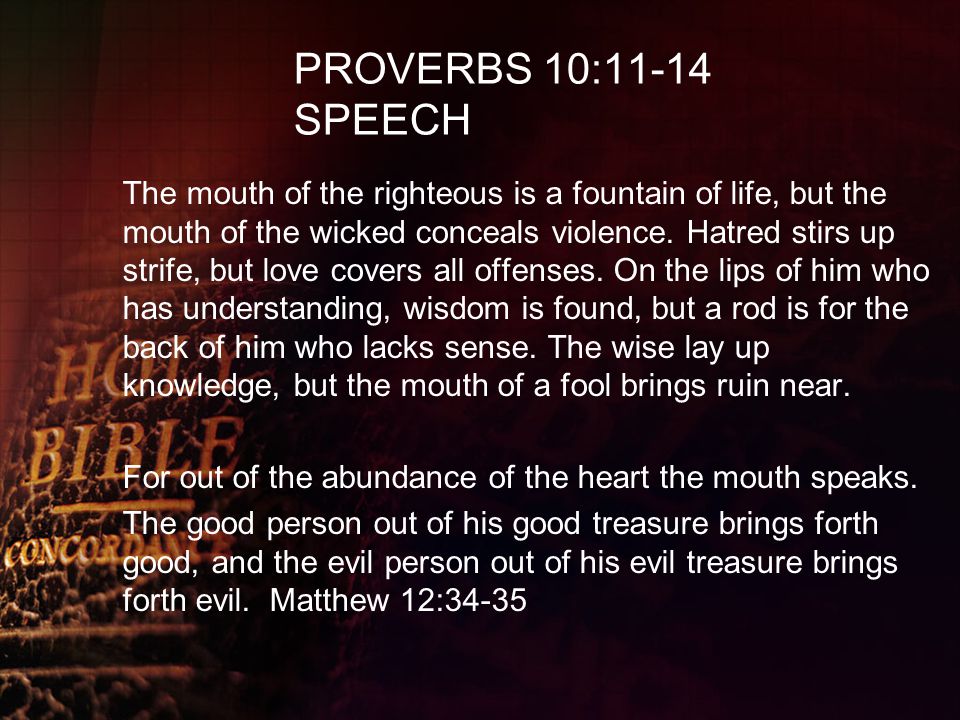 PROVERBS 10:11-14 SPEECH The mouth of the righteous is a fountain of life, but the mouth of the wicked conceals violence.