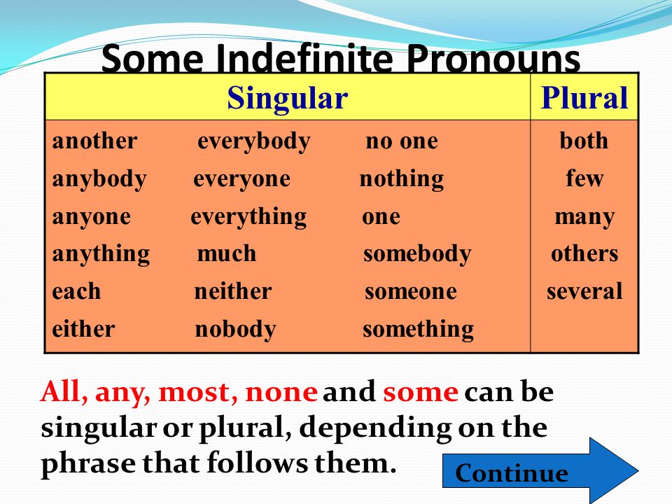 Some Indefinite Pronouns Continue SingularPlural another everybody no one anybody everyone nothing anyone everything one anything much somebody each neither someone either nobody something both few many others several All, any, most, none and some can be singular or plural, depending on the phrase that follows them.