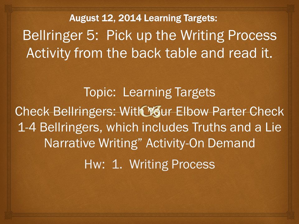 Bellringer 5: Pick up the Writing Process Activity from the back table and read it.