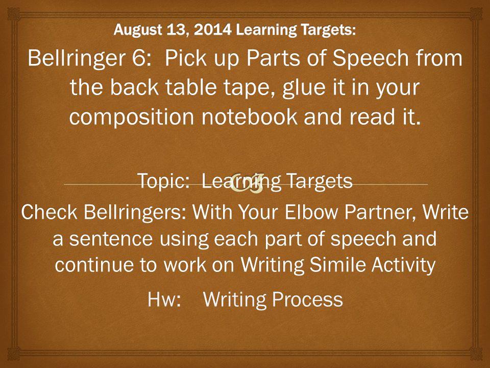 Bellringer 6: Pick up Parts of Speech from the back table tape, glue it in your composition notebook and read it.