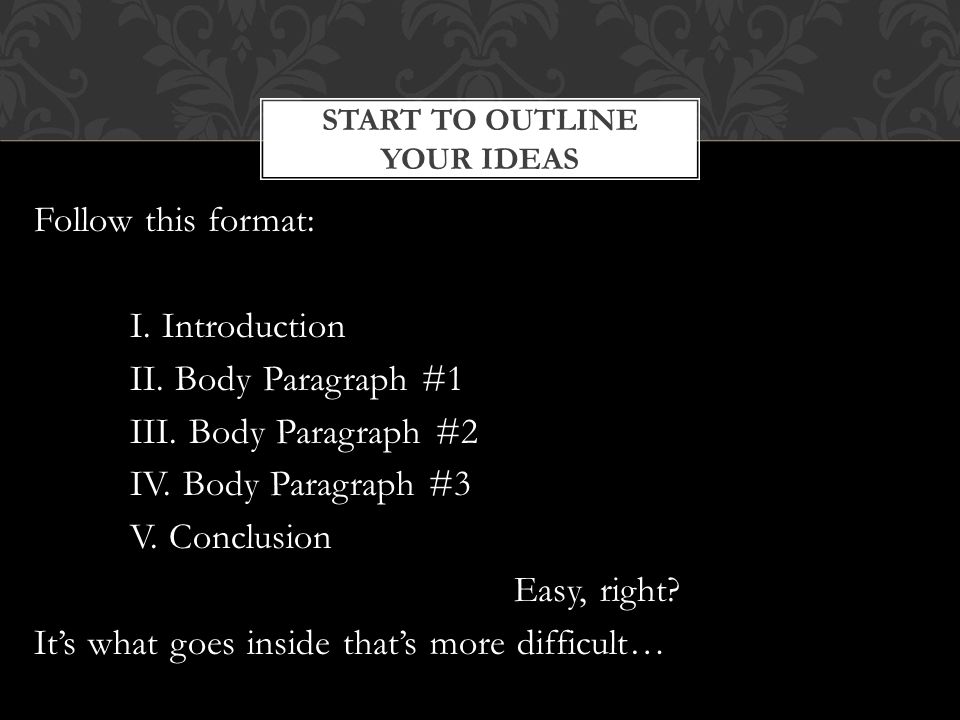 Follow this format: I. Introduction II. Body Paragraph #1 III.