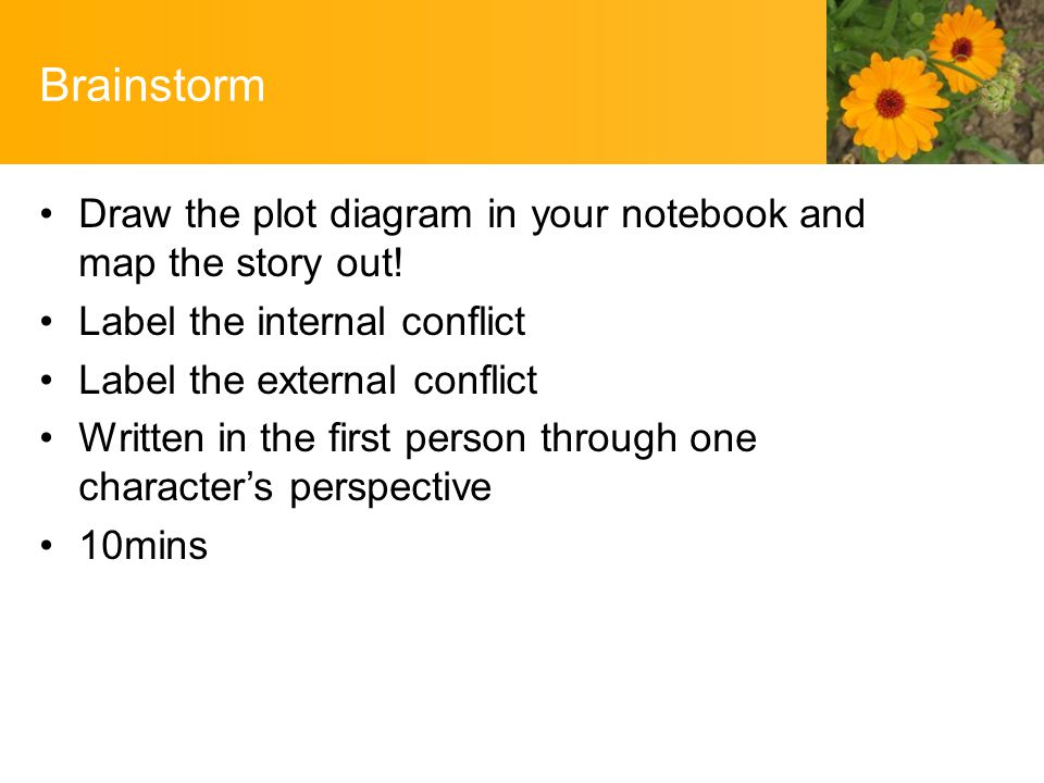 Brainstorm Draw the plot diagram in your notebook and map the story out.