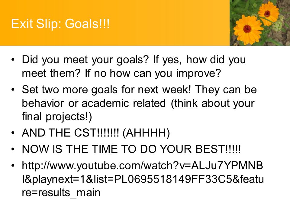 Exit Slip: Goals!!. Did you meet your goals. If yes, how did you meet them.
