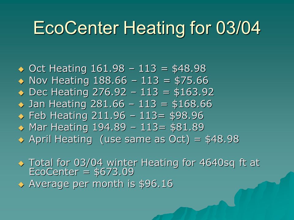EcoCenter Heating for 03/04  Oct Heating – 113 = $48.98  Nov Heating – 113 = $75.66  Dec Heating – 113 = $  Jan Heating – 113 = $  Feb Heating – 113= $98.96  Mar Heating – 113= $81.89  April Heating (use same as Oct) = $48.98  Total for 03/04 winter Heating for 4640sq ft at EcoCenter = $  Average per month is $96.16