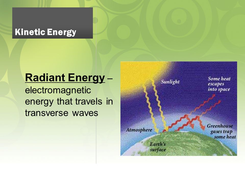 Radiant Energy – electromagnetic energy that travels in transverse waves Kinetic Energy