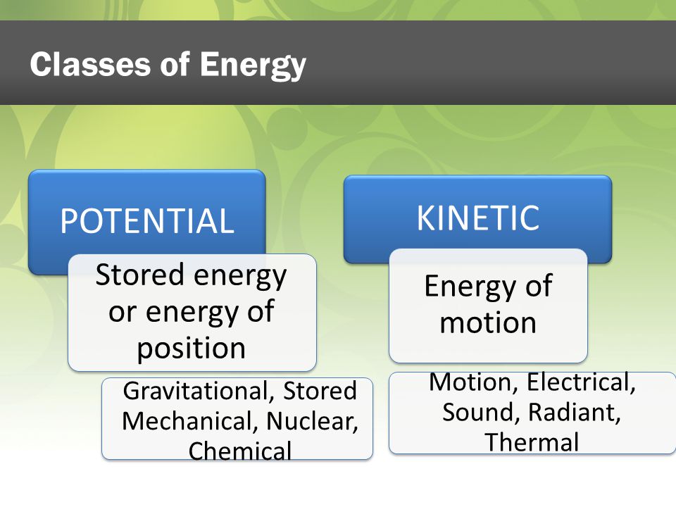 POTENTIAL KINETIC Stored energy or energy of position Gravitational, Stored Mechanical, Nuclear, Chemical Energy of motion Motion, Electrical, Sound, Radiant, Thermal Classes of Energy
