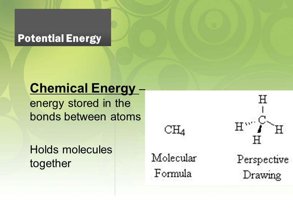 Chemical Energy – energy stored in the bonds between atoms Holds molecules together Potential Energy