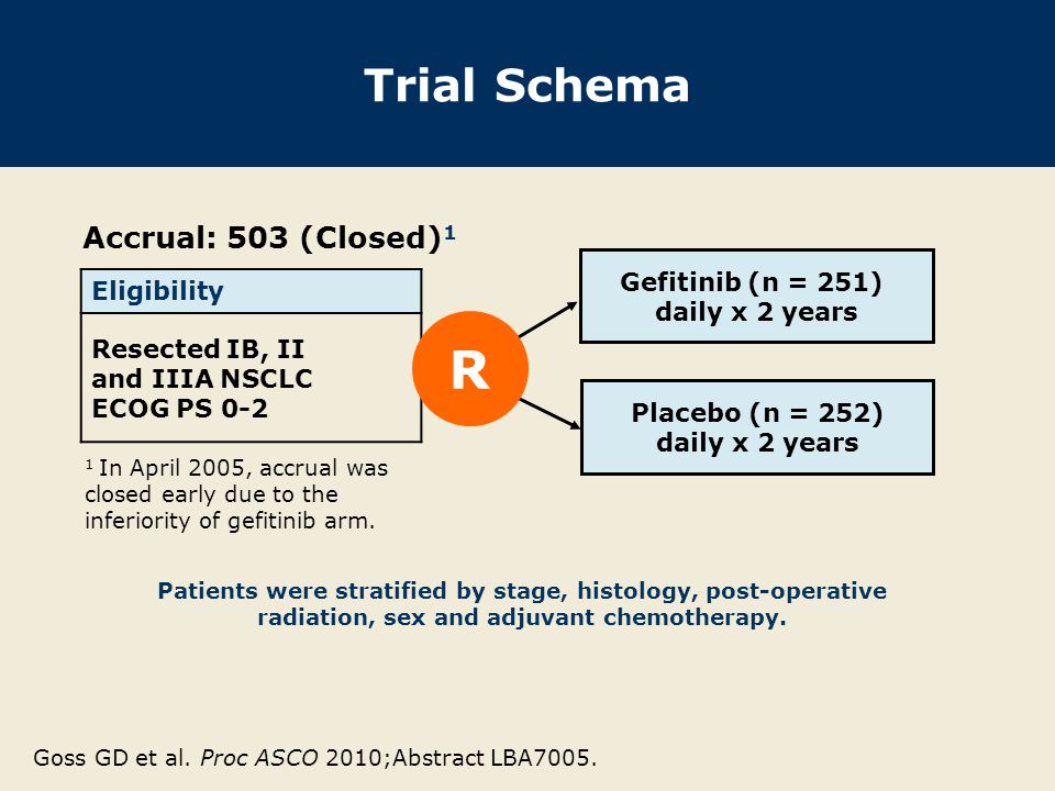 Trial Schema Gefitinib (n = 251) daily x 2 years Placebo (n = 252) daily x 2 years 1 In April 2005, accrual was closed early due to the inferiority of gefitinib arm.