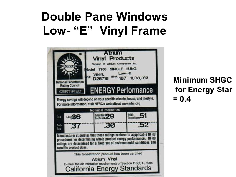 Double Pane Windows Low- E Vinyl Frame Minimum SHGC for Energy Star = 0.4