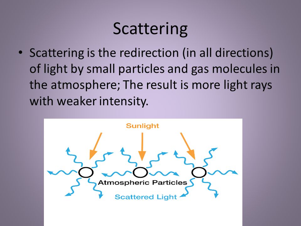 Scattering Scattering is the redirection (in all directions) of light by small particles and gas molecules in the atmosphere; The result is more light rays with weaker intensity.
