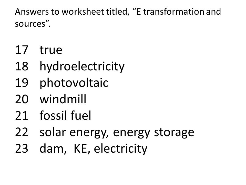 Answers to worksheet titled, E transformation and sources .