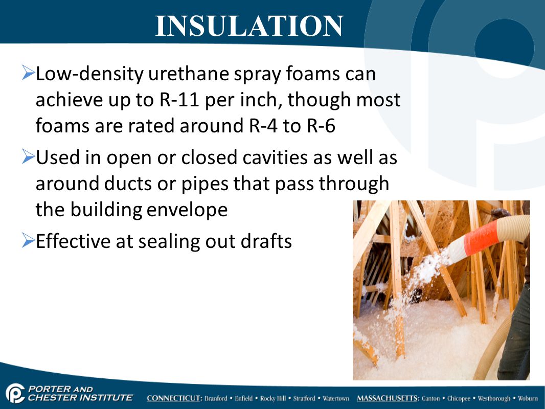 Low-density urethane spray foams can achieve up to R-11 per inch, though most foams are rated around R-4 to R-6  Used in open or closed cavities as well as around ducts or pipes that pass through the building envelope  Effective at sealing out drafts INSULATION