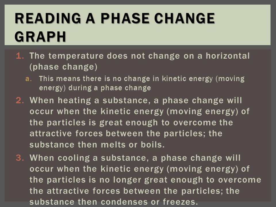 1.The temperature does not change on a horizontal (phase change) a.This means there is no change in kinetic energy (moving energy) during a phase change 2.When heating a substance, a phase change will occur when the kinetic energy (moving energy) of the particles is great enough to overcome the attractive forces between the particles; the substance then melts or boils.