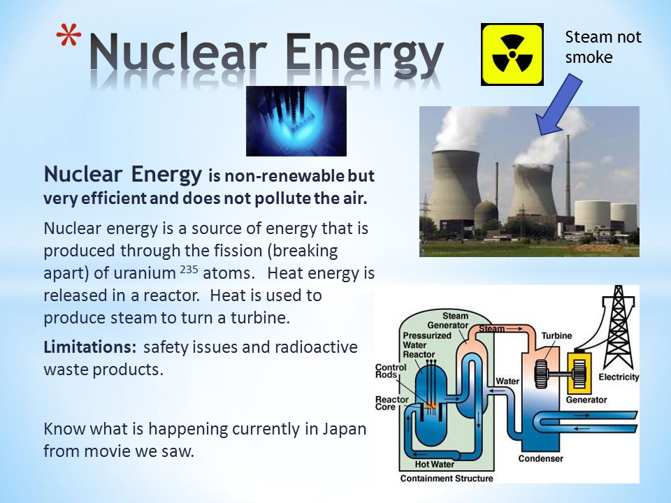 Nuclear Energy is non-renewable but very efficient and does not pollute the air.