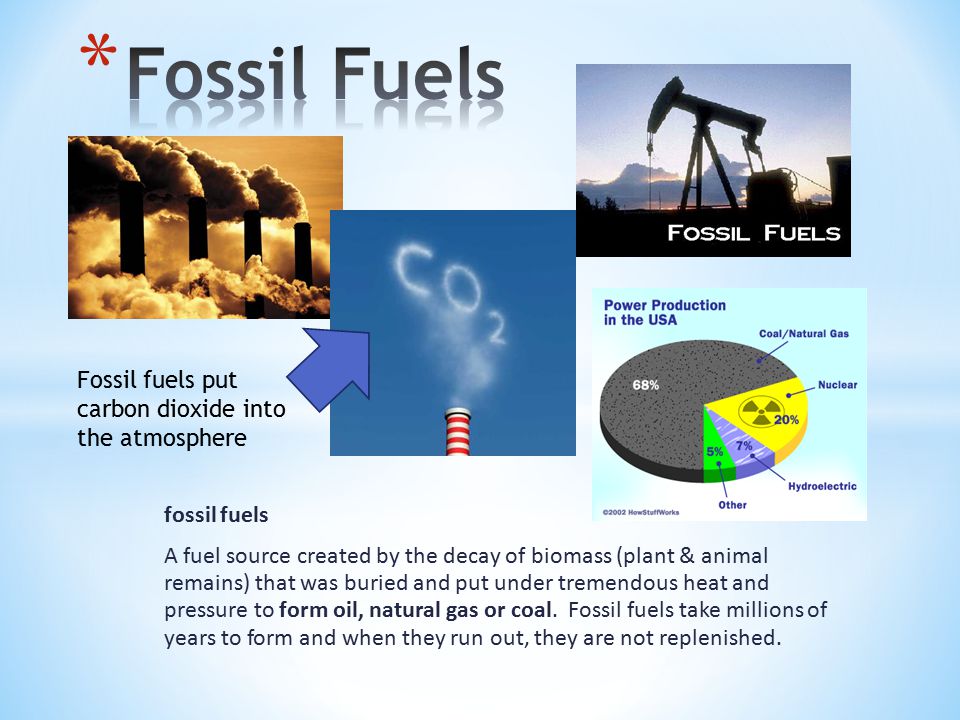 fossil fuels A fuel source created by the decay of biomass (plant & animal remains) that was buried and put under tremendous heat and pressure to form oil, natural gas or coal.