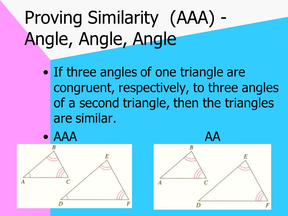Similarity Example Angle A  Angle D Angle B  Angle E Angle C  Angle F AB = BC = AC DE EF DF  ABC   DEF