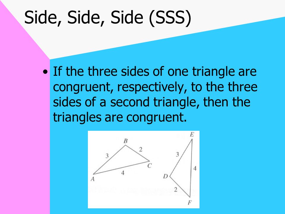 Congruency Example Angles  Angle A  Angle D Angle B  Angle E Angle C  Angle F Sides  AB  DE BC  EF CA  FD