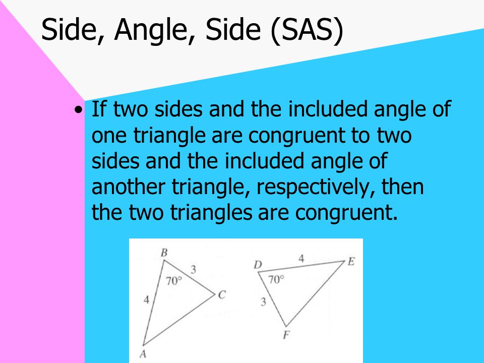Side, Side, Side (SSS) If the three sides of one triangle are congruent, respectively, to the three sides of a second triangle, then the triangles are congruent.