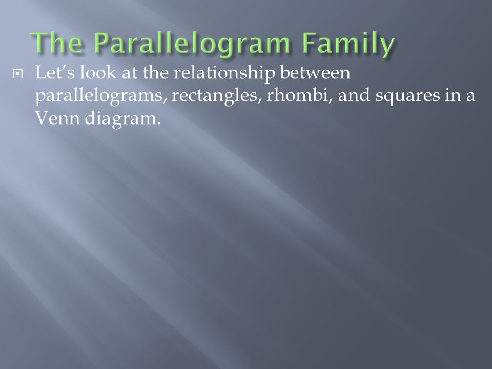  Let’s look at the relationship between parallelograms, rectangles, rhombi, and squares in a Venn diagram.