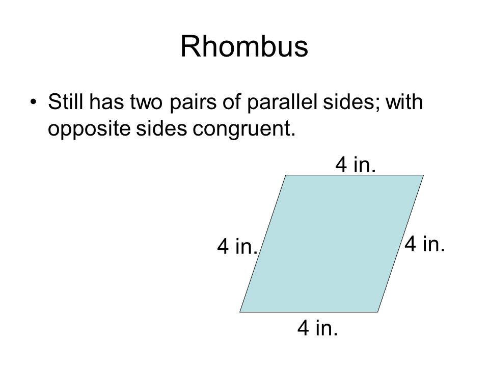 Rhombus Still has two pairs of parallel sides; with opposite sides congruent. 4 in.