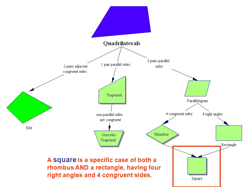 A square is a specific case of both a rhombus AND a rectangle, having four right angles and 4 congruent sides.