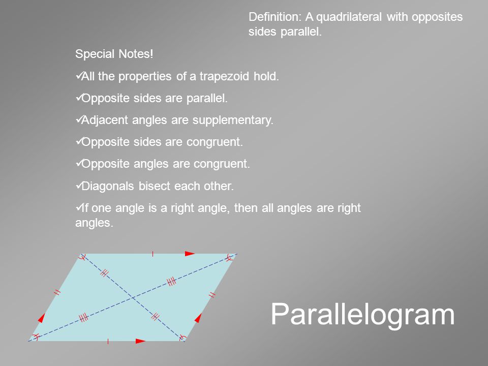 Parallelogram Definition: A quadrilateral with opposites sides parallel.