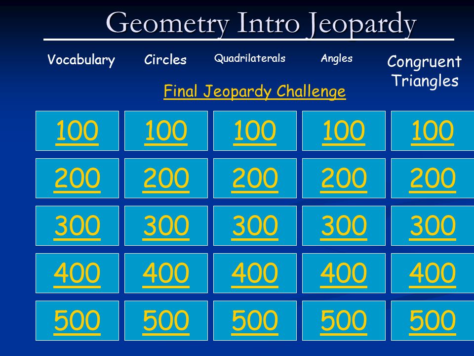 Geometry Intro Jeopardy VocabularyCircles QuadrilateralsAngles Congruent Triangles Final Jeopardy Challenge