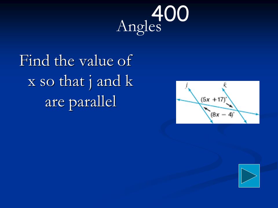 Angles Find the value of x so that j and k are parallel 400