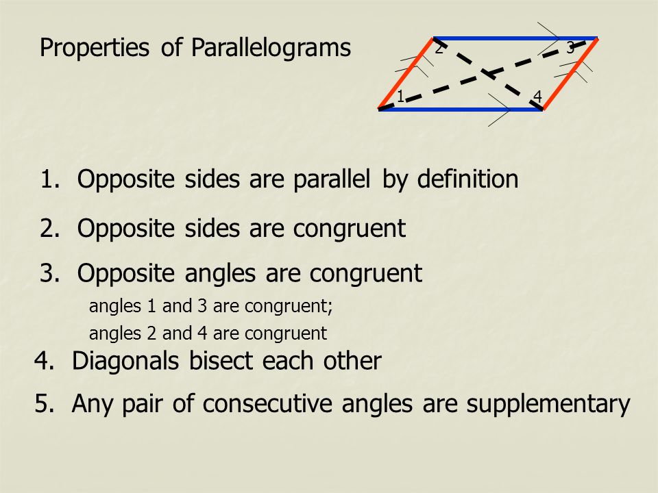 Properties of Parallelograms 1. Opposite sides are parallel by definition 2.
