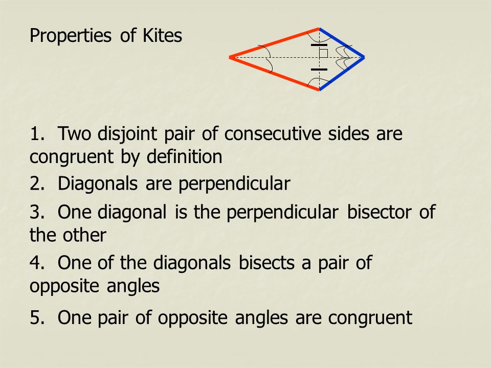 Properties of Kites 1. Two disjoint pair of consecutive sides are congruent by definition 2.