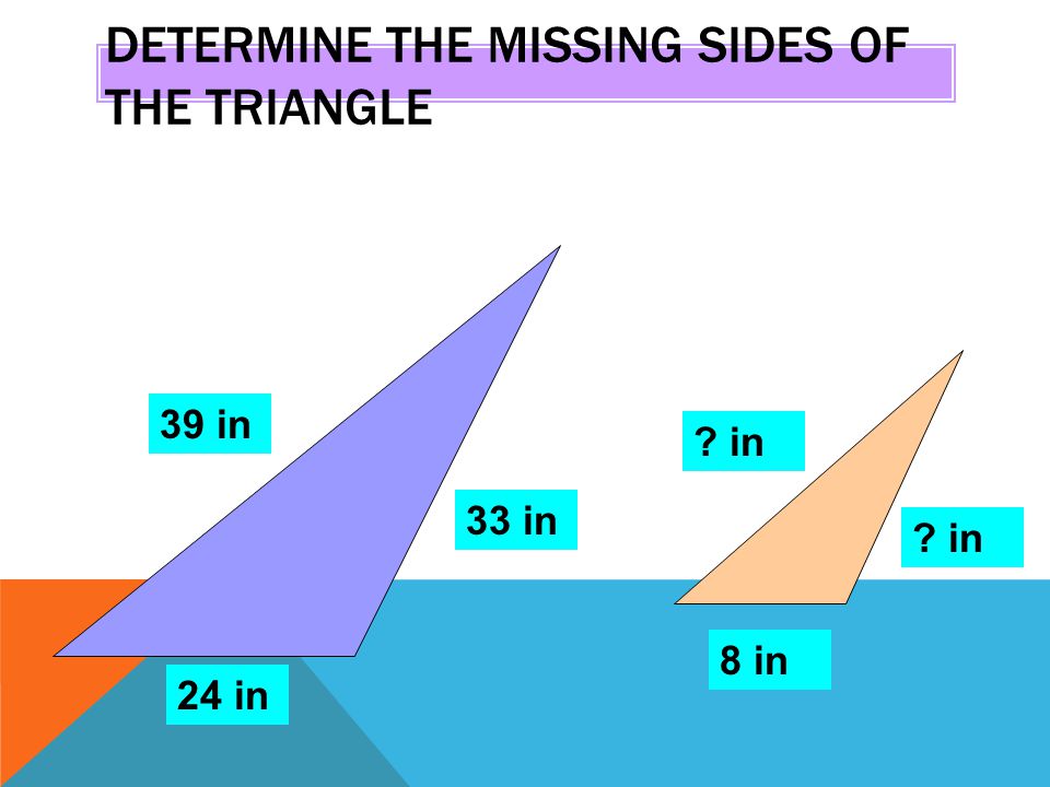 DETERMINE THE MISSING SIDES OF THE TRIANGLE 39 in 24 in 33 in in 8 in in