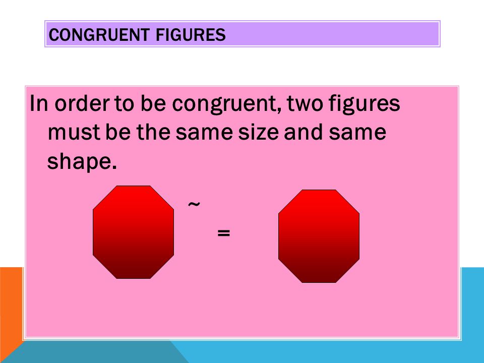 CONGRUENT FIGURES In order to be congruent, two figures must be the same size and same shape. ~ =