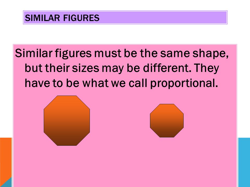SIMILAR FIGURES Similar figures must be the same shape, but their sizes may be different.