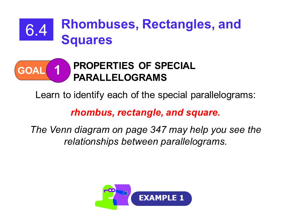 EXAMPLE Rhombuses, Rectangles, and Squares Learn to identify each of the special parallelograms: rhombus, rectangle, and square.