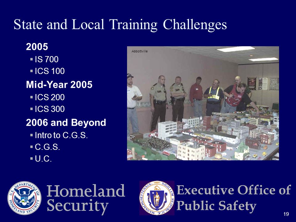19 Executive Office of Public Safety 2005  IS 700  ICS 100 Mid-Year 2005  ICS 200  ICS and Beyond  Intro to C.G.S.