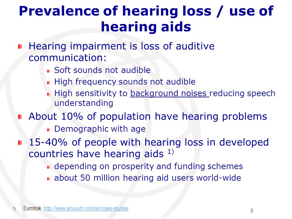 Prevalence of hearing loss / use of hearing aids Hearing impairment is loss of auditive communication: Soft sounds not audible High frequency sounds not audible High sensitivity to background noises reducing speech understanding About 10% of population have hearing problems Demographic with age 15-40% of people with hearing loss in developed countries have hearing aids 1) depending on prosperity and funding schemes about 50 million hearing aid users world-wide 3 1) Eurotrak: