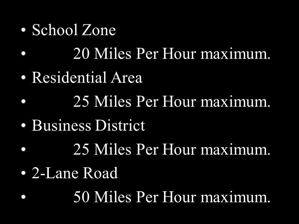 School Zone 20 Miles Per Hour maximum. Residential Area 25 Miles Per Hour maximum.