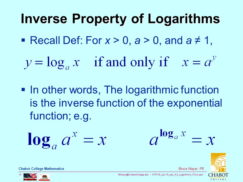 MTH15_Lec-19_sec_4-2_Logarithmic_Fcns.pptx 15 Bruce Mayer, PE Chabot College Mathematics Inverse Property of Logarithms  Recall Def: For x > 0, a > 0, and a ≠ 1,  In other words, The logarithmic function is the inverse function of the exponential function; e.g.