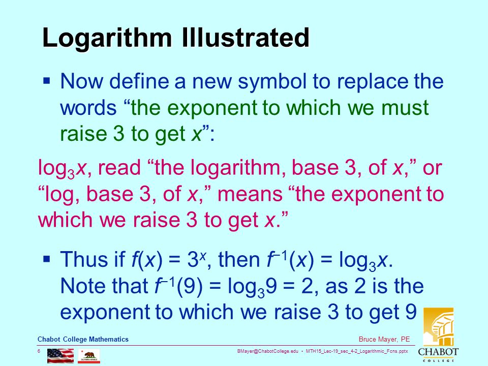 MTH15_Lec-19_sec_4-2_Logarithmic_Fcns.pptx 6 Bruce Mayer, PE Chabot College Mathematics Logarithm Illustrated  Now define a new symbol to replace the words the exponent to which we must raise 3 to get x : log 3 x, read the logarithm, base 3, of x, or log, base 3, of x, means the exponent to which we raise 3 to get x.  Thus if f(x) = 3 x, then f −1 (x) = log 3 x.