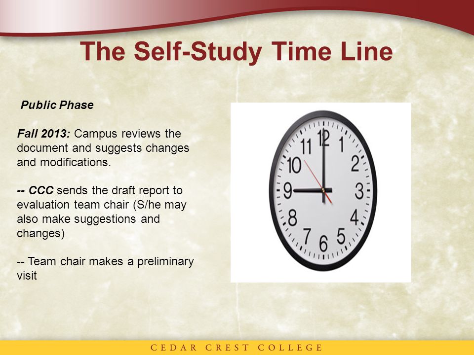 The Self-Study Time Line Public Phase Fall 2013: Campus reviews the document and suggests changes and modifications.