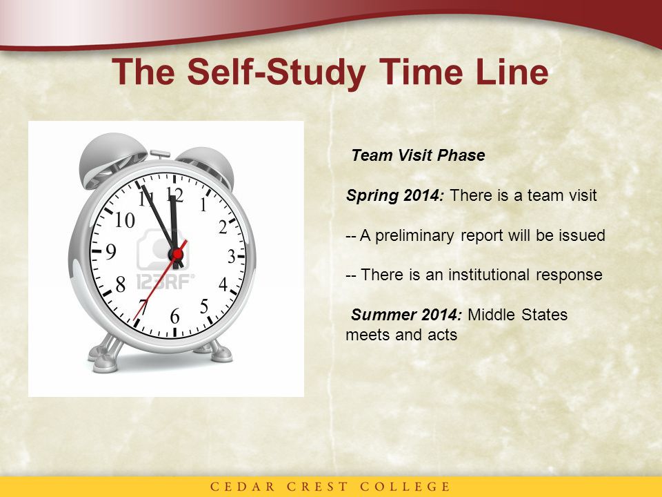 The Self-Study Time Line Team Visit Phase Spring 2014: There is a team visit -- A preliminary report will be issued -- There is an institutional response Summer 2014: Middle States meets and acts