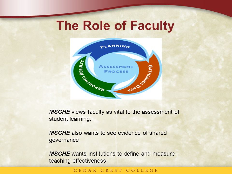 The Role of Faculty MSCHE views faculty as vital to the assessment of student learning.