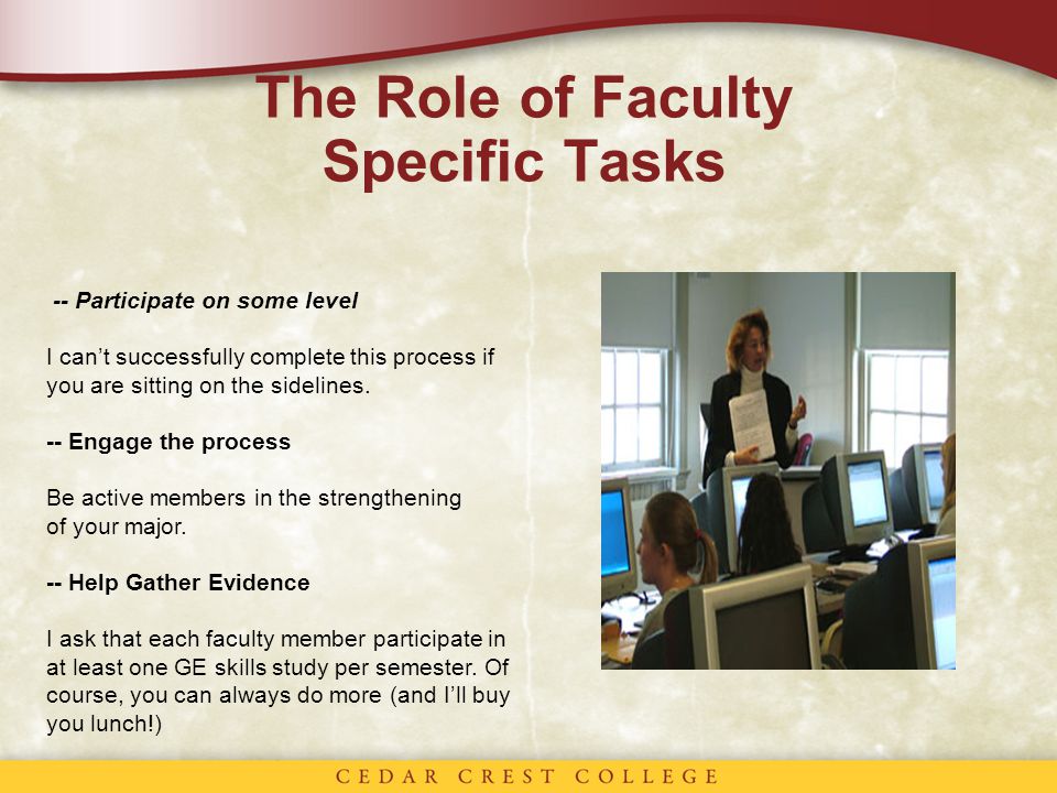 The Role of Faculty Specific Tasks -- Participate on some level I can’t successfully complete this process if you are sitting on the sidelines.