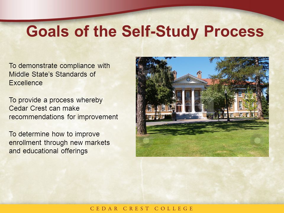 Goals of the Self-Study Process To demonstrate compliance with Middle State’s Standards of Excellence To provide a process whereby Cedar Crest can make recommendations for improvement To determine how to improve enrollment through new markets and educational offerings
