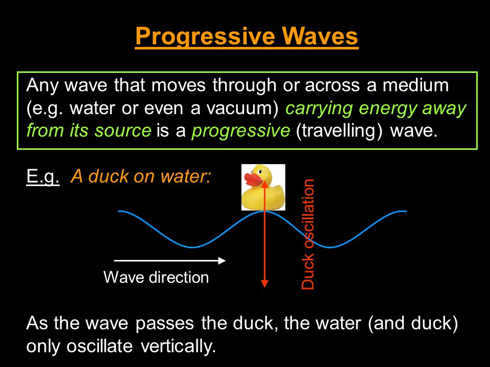Oscillations and Waves Wave Characteristics. Progressive Waves Any wave  that moves through or across a medium (e.g. water or even a vacuum)  carrying. - ppt download