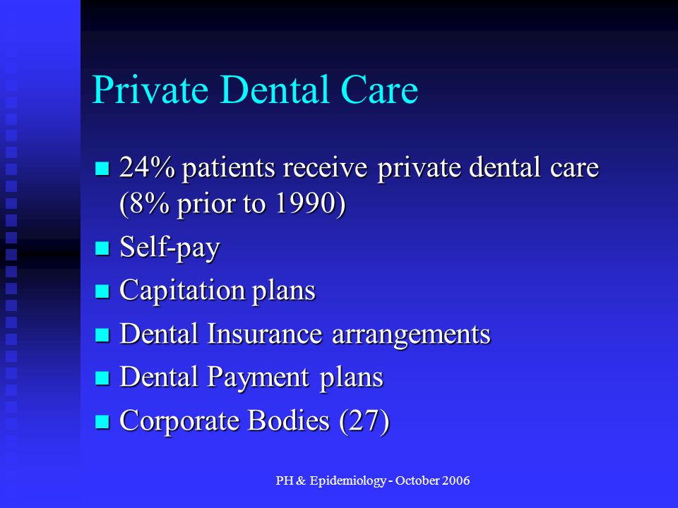 PH & Epidemiology - October 2006 Private Dental Care 24% patients receive private dental care (8% prior to 1990) 24% patients receive private dental care (8% prior to 1990) Self-pay Self-pay Capitation plans Capitation plans Dental Insurance arrangements Dental Insurance arrangements Dental Payment plans Dental Payment plans Corporate Bodies (27) Corporate Bodies (27)