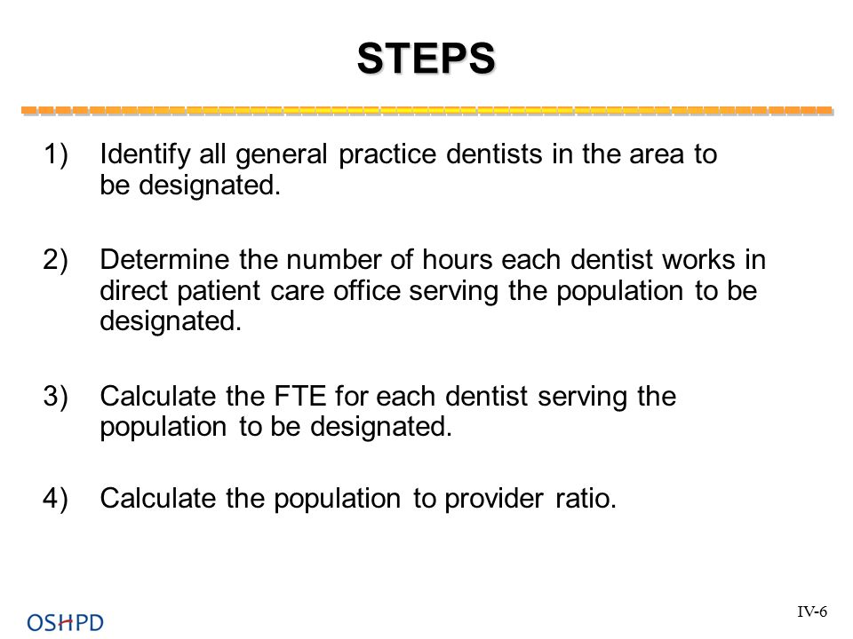 STEPS 1)Identify all general practice dentists in the area to be designated.